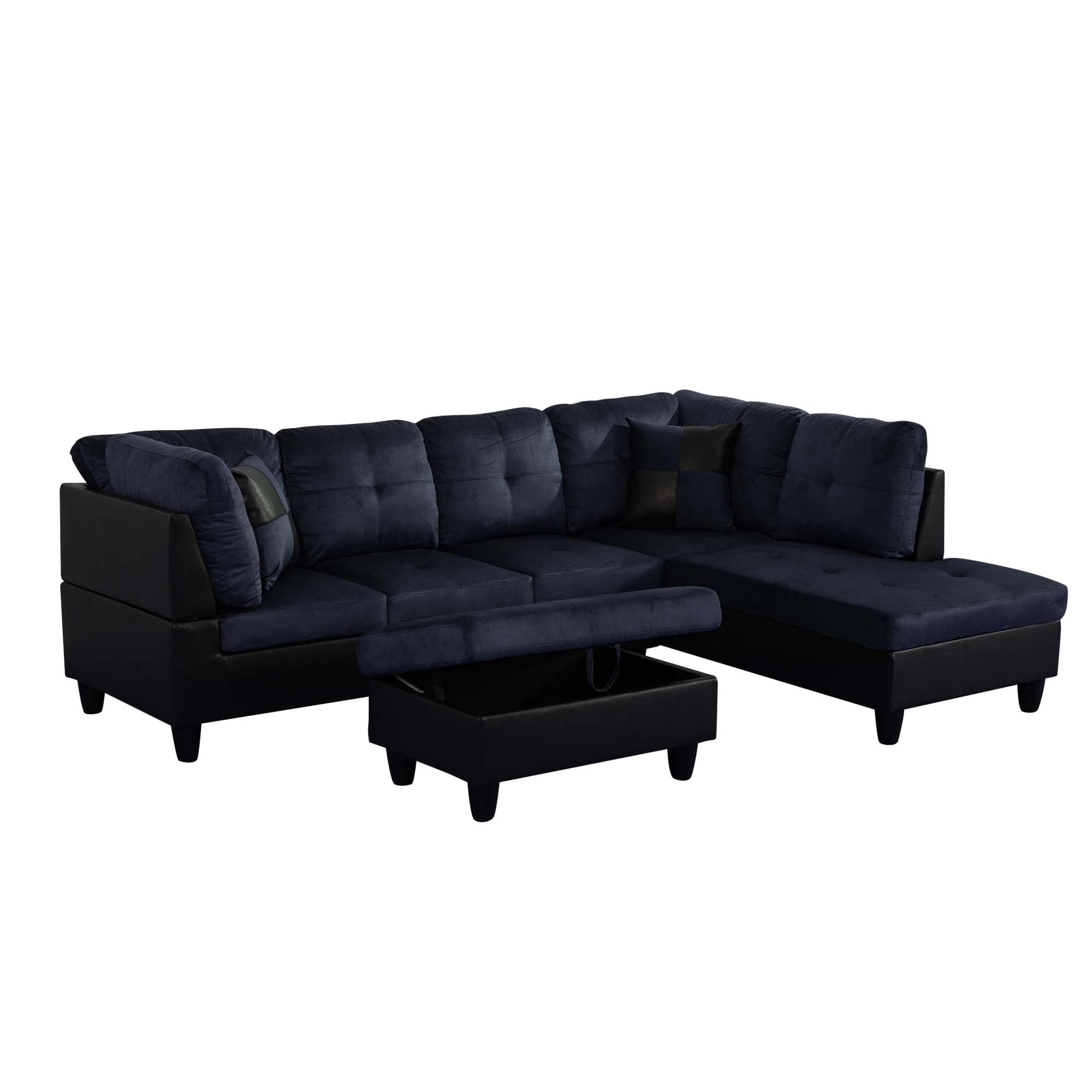 Aukfa Sectional Sofa, 3 Piece Living Room Couch with Storage Ottoman, Right Facing Chaise, Dark Blue