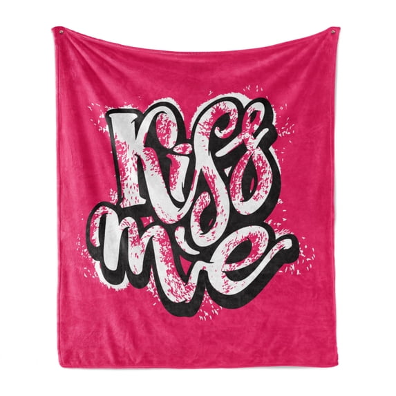 Kiss Me Soft Flannel Fleece Throw Blanket, Modern Hand Drawn Brush Calligraphy Words with Pink Shade Backdrop, Cozy Plush for Indoor and Outdoor Use, 60" x 80", Hot Pink Black and White, by Ambesonne