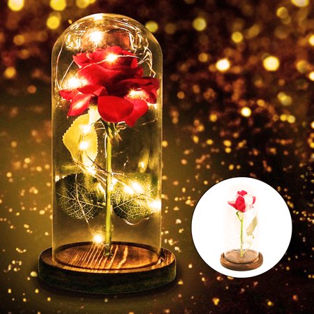 Glasses Roses - Beauty and The Beast Rose Decor LED Light Glass Dome Gift for Mothers' Day Her