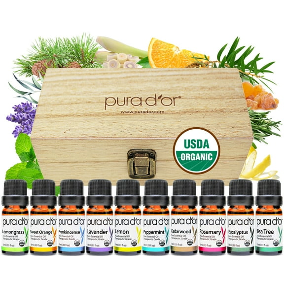 PURA D'OR Perfect10 Organic Essential Oil Wood Box Set 10mL X 10