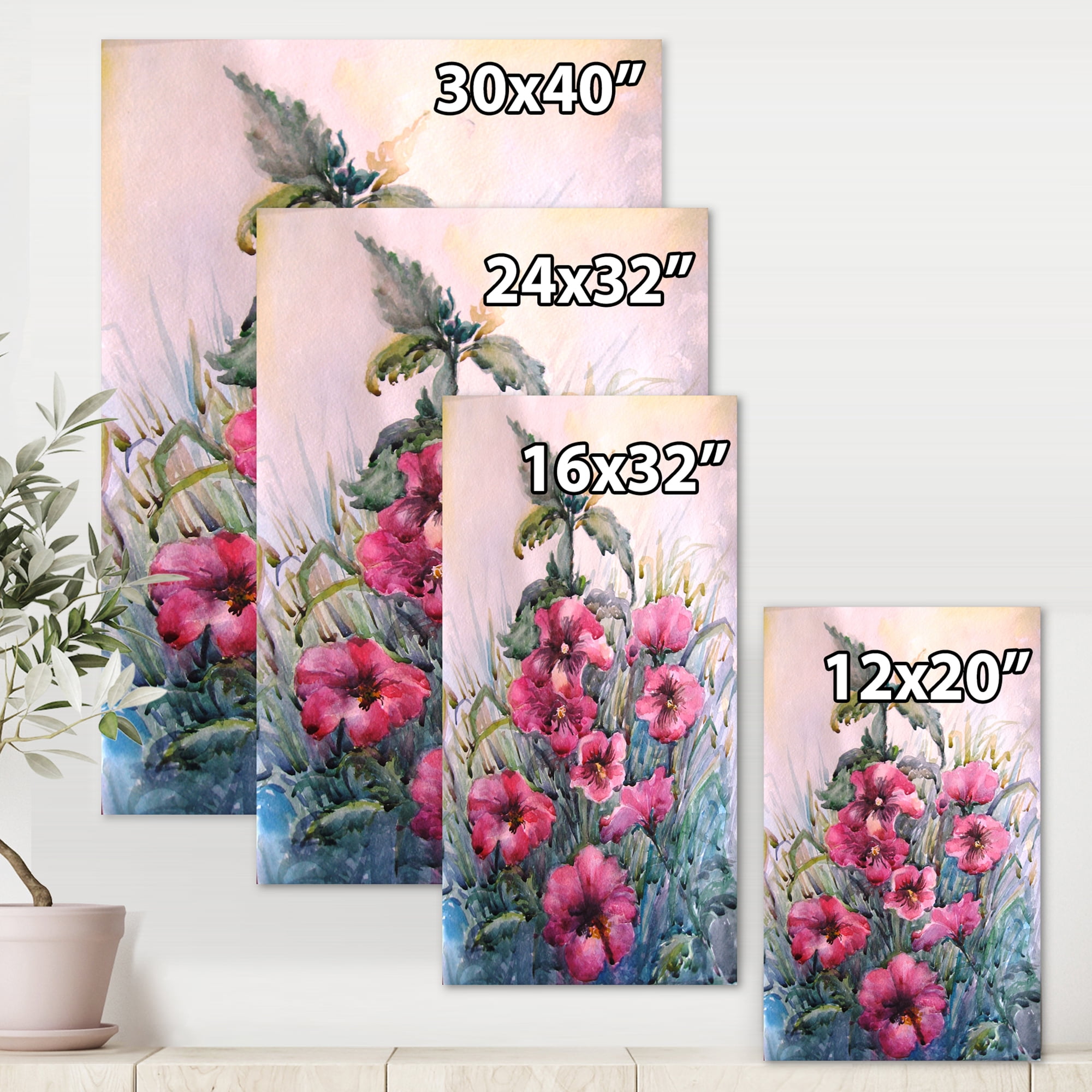Blossoming Hibiscus Flowers In The Wild 12 in x 8 in Painting Canvas Art Print, by Designart
