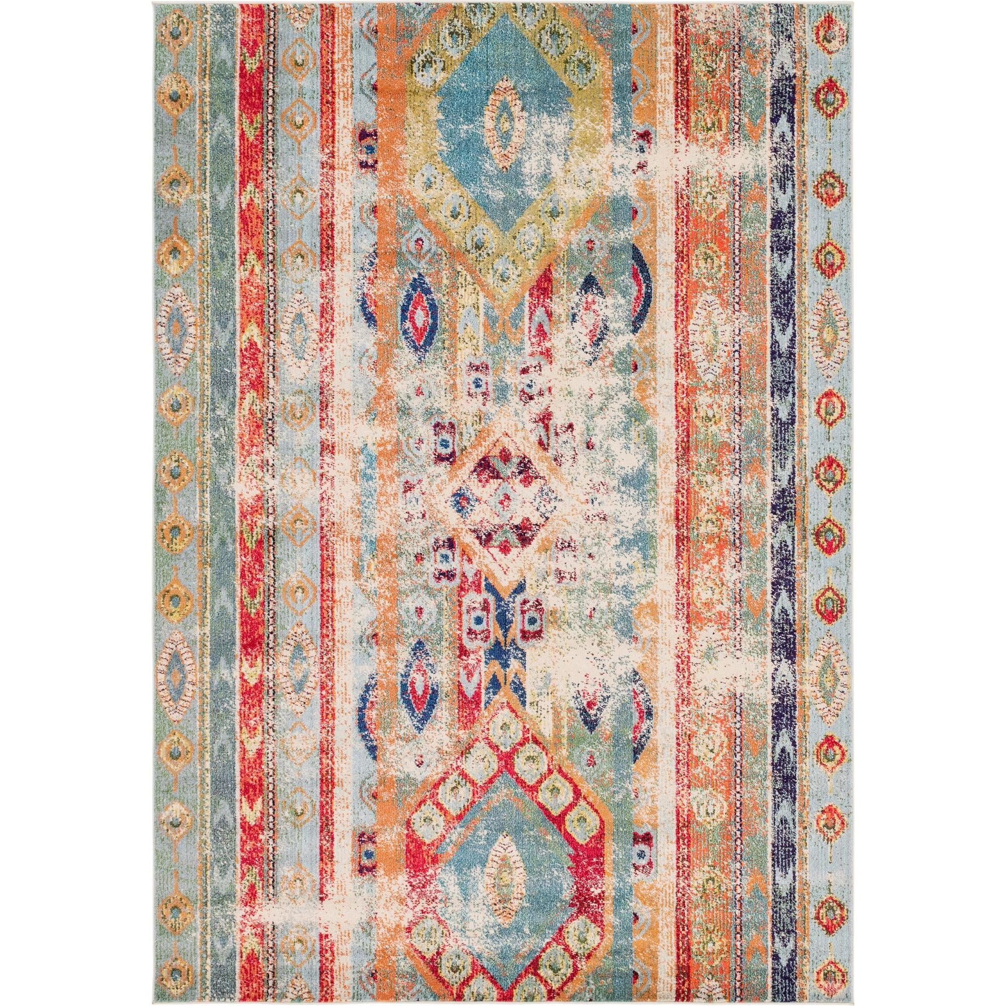 8' x 11' Blue and Beige Bohemian Striped Rectangular Area Throw Rug
