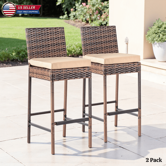 Hassch Wicker Rattan Bar Stools Set of 2, Outdoor Armless Patio Bar Height Chairs with Beige Cushions and Footrests, for Backyard, Deck, Pool, 400 lbs Max Load (Brown Gradient)