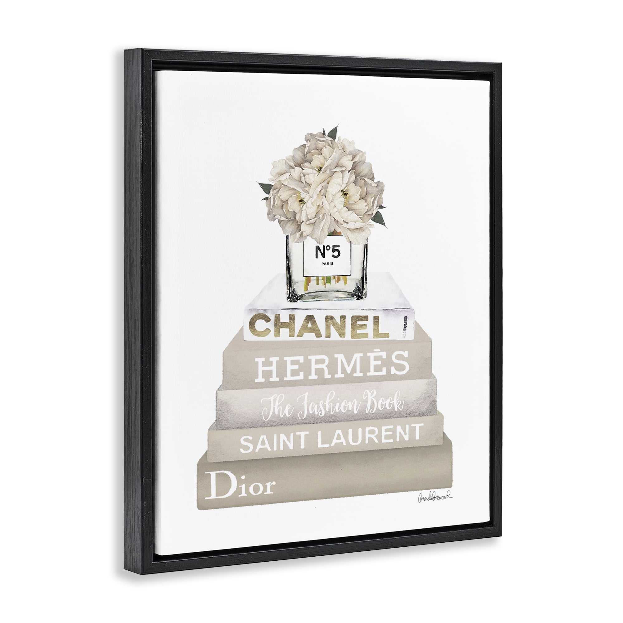Stupell Industries Neutral Glam Bookstack Fashion Painting Black Floater Framed Canvas Art Print Wall Art, 17 x 21