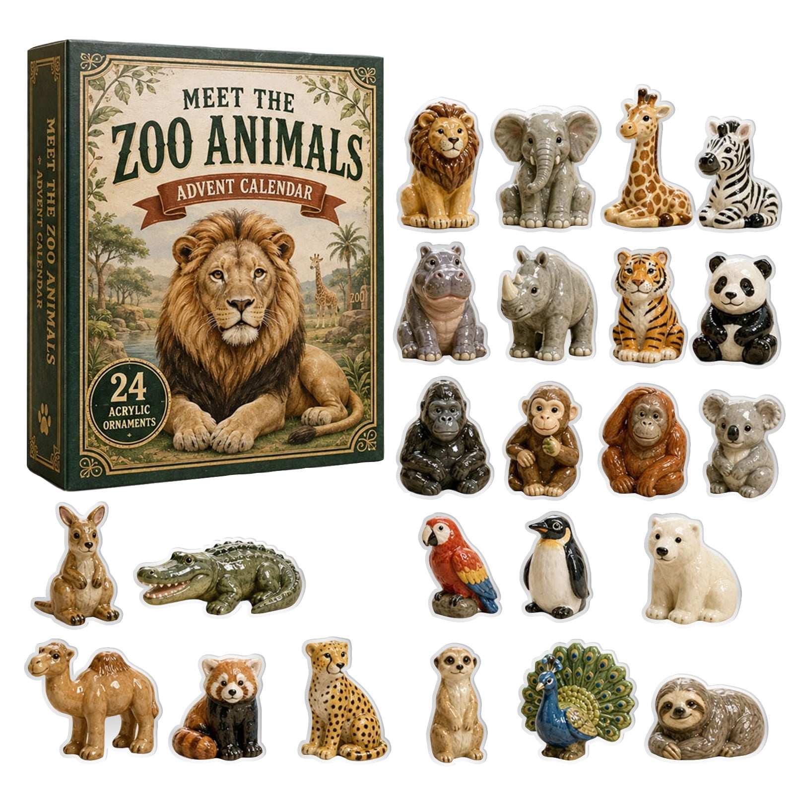 Christmas Advent Calendar 24 Zoo Animal Acrylic Christmas Tree Ornaments Set for Holiday Countdown Family Festive Gift