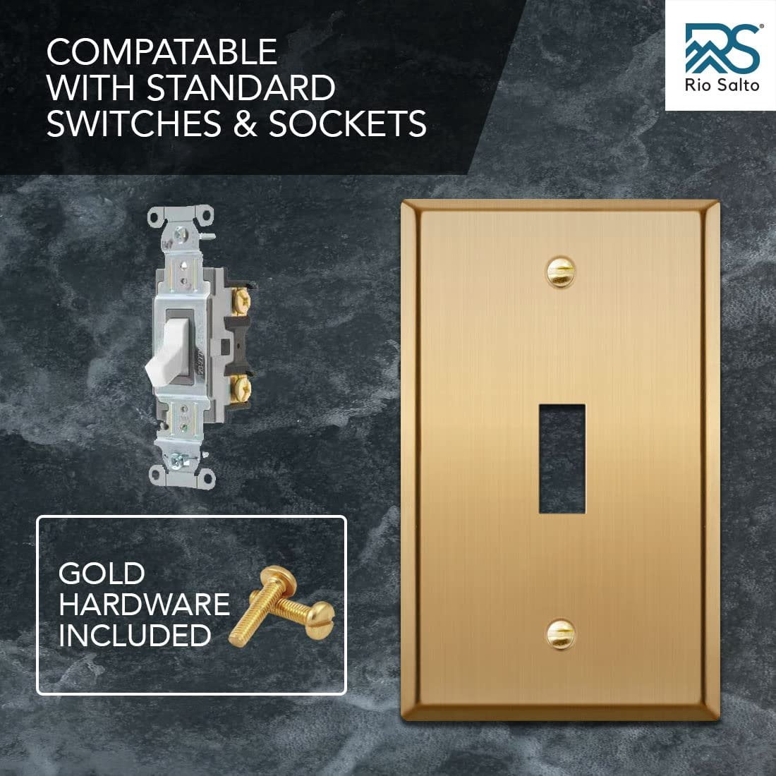 Rio Salto BRASS Signature Collection Metal Toggle Gold Outlet Cover or Light Switch Cover Wall Plate 10-Pack STANDARD SIZE Single Togle Wallplate Covers 1-Gang Brushed Brass Toggle Switch