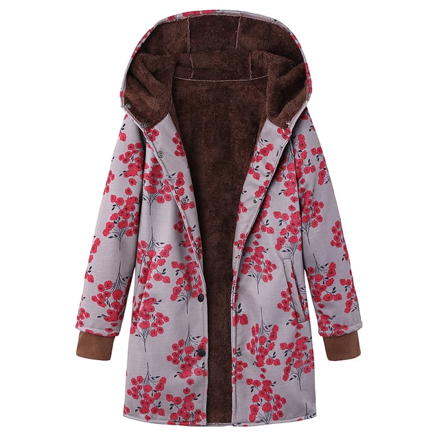 Chaqueta de algodón de felpa gruesa con capucha y manga larga para mujer con estampado floral retro, sudadera con capucha de talla grande