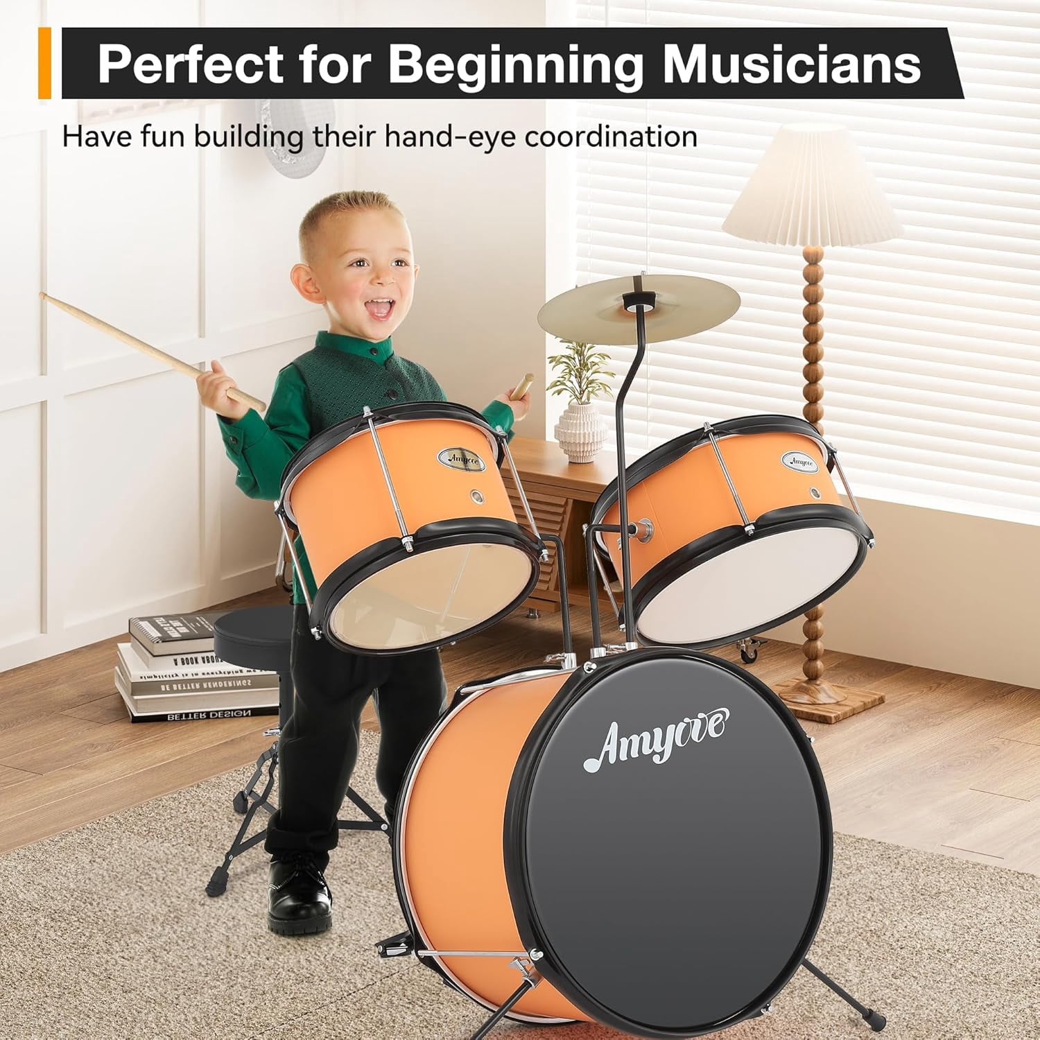 Drum Set, 1 Wood/Metal AD 150 Three Drums Set, Jazz Rock Includes Bass, 2 Toms, Cymbal, Sticks, Bass Pedal and Stool, Percussion Musical Instrument Birthday Playsetl