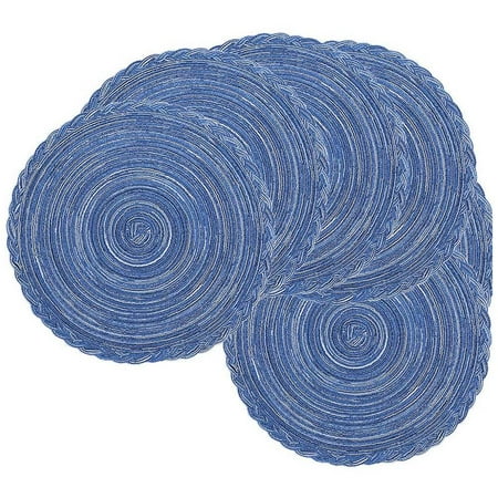 

Round Woven Place Mats Set of 6 Table Mat Woven Washable Non-Slip Heat Resistant Mat 14 Inch (Blue)