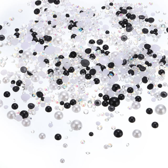 Perlas planas y piedras brillantes de 3-10 mm, perlas y piedras brillantes de tamaño mixto para arte de uñas DIY, mezcla de negro y blanco 60g