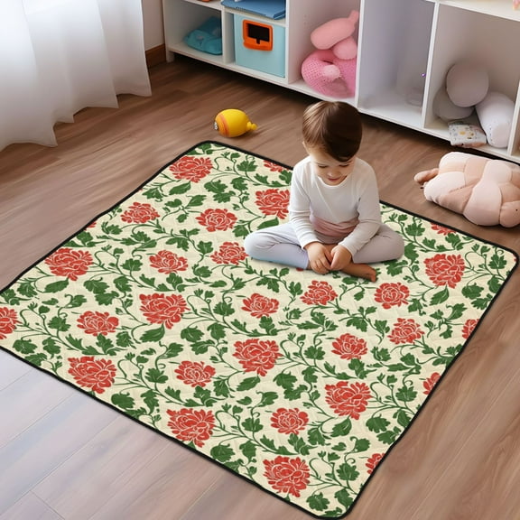 WOBOGO Vintage Red Floral Pattern Baby Playmats Extra Large Waterproof Rollable Activity Pads for Toddlers 50×50inch