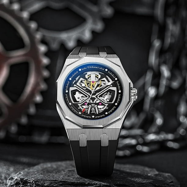 Reloj mecánico automático Samurai negro blanco potente reloj luminoso resistente al agua