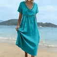 thumbnail image 4 of Domzest Womens Short Sleeve Midi Dress V Neck Linen Blend Sundress Lace Trim Empire Waist Casual Flowy Beach Vacation Dresses Turquoise L, 4 of 9