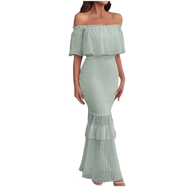 Robes d'Été pour Femmes 2025 Printemps et Été Robe à Col Taille Haute à une Ligne Robe à Manches Courtes à une Ligne Épaule et Cheville Robes d'Été pour Femmes 2025 Vert P
