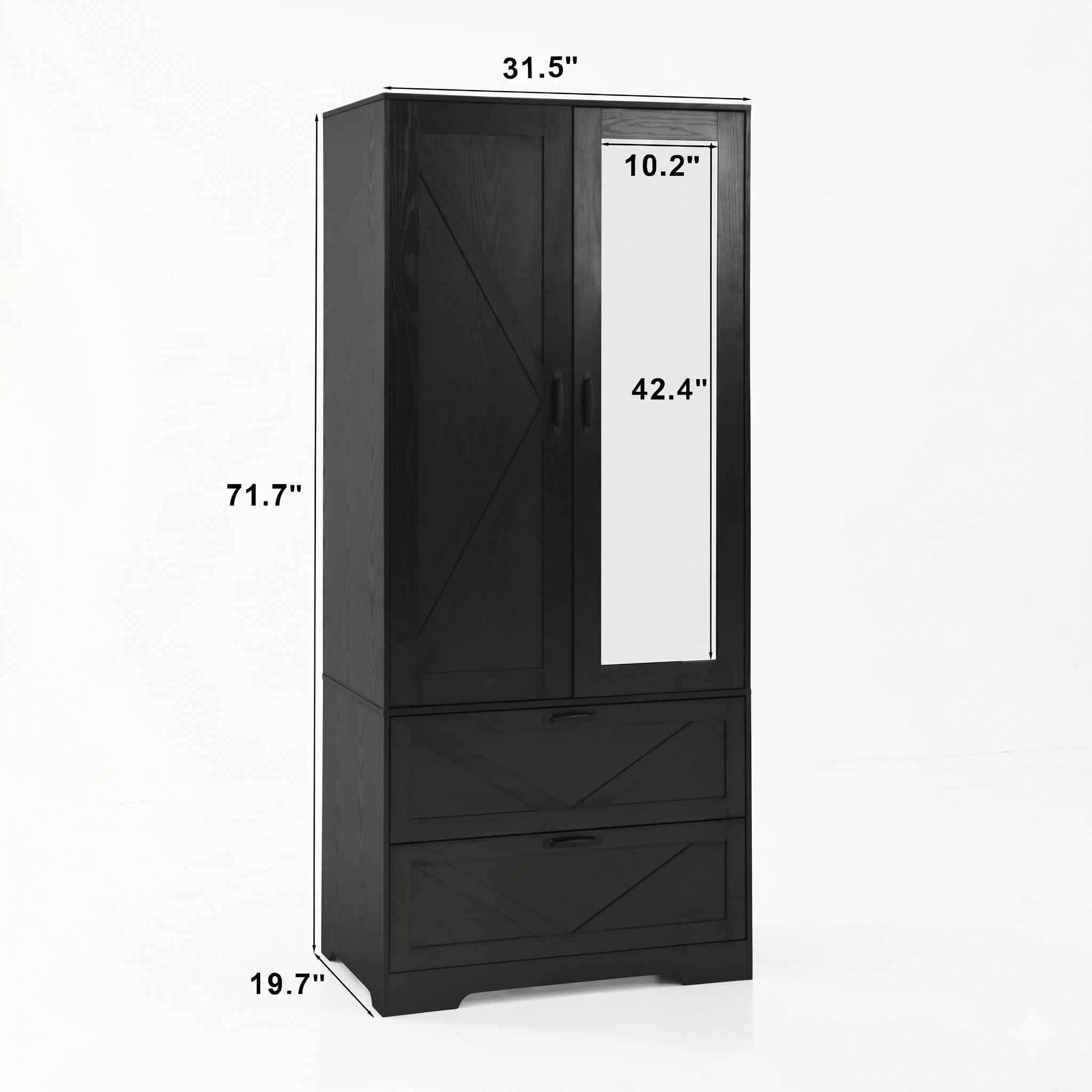 AISWORD 72" Tall Wooden Armoire Closet with Mirror Door, LED Lights, Drawers, Adjustable Shelves & Hanging Rod, Farmhouse Bedroom Storage, Black