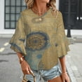 thumbnail image 3 of Intricate Floral Gold Blue Art Women's V-Neck Blouse With 3/4 Ruffled Bell Sleeves Casual Top Ladies Blouses, 3 of 7