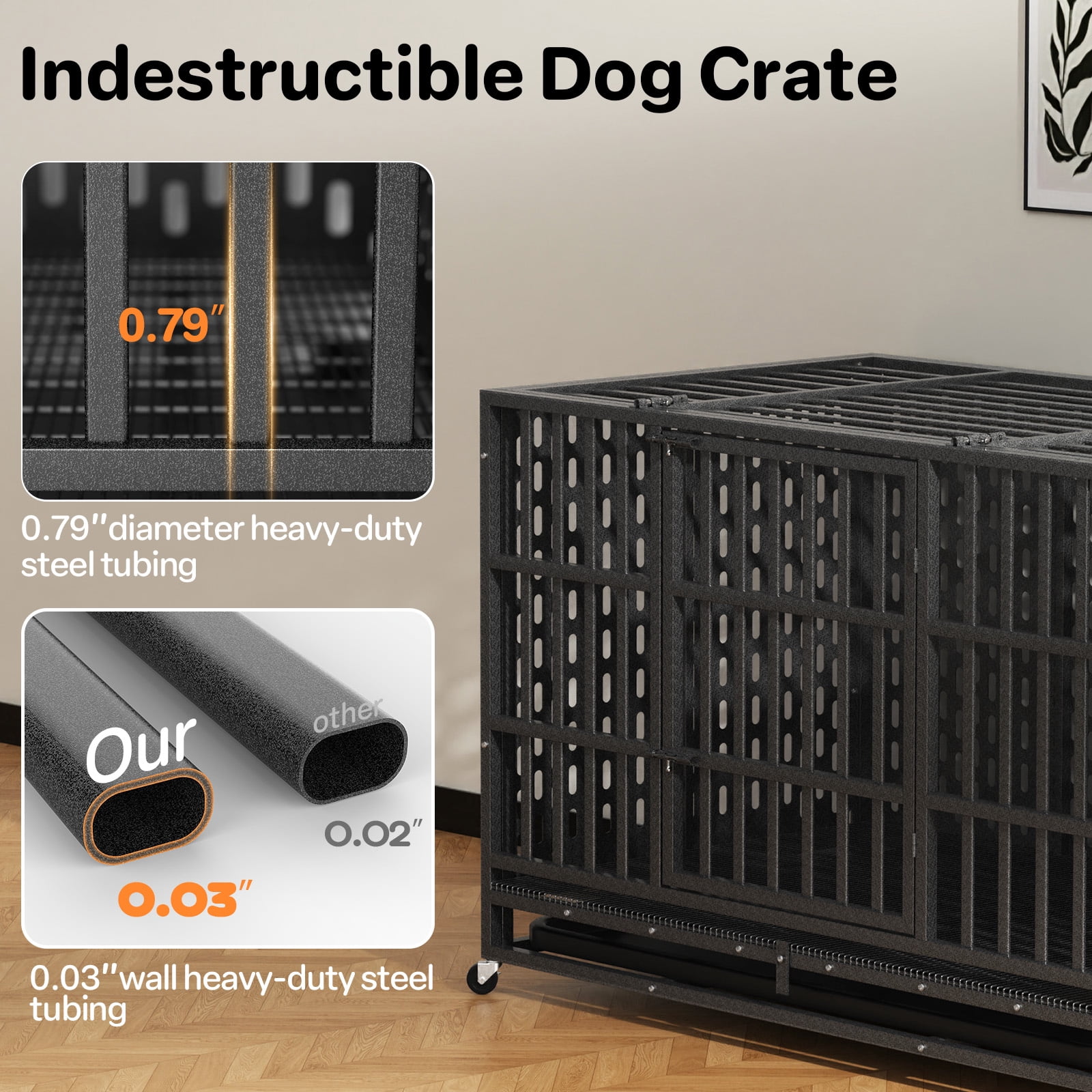 YOKWOK 48 Inch Heavy Duty Indestructible Dog Crate Cage, Chew Proof & Escape-Proof XL Kennel for High Anxiety Large Dogs, with Locking Wheels and Removable Tray for Indoor & Outdoor Use, Black