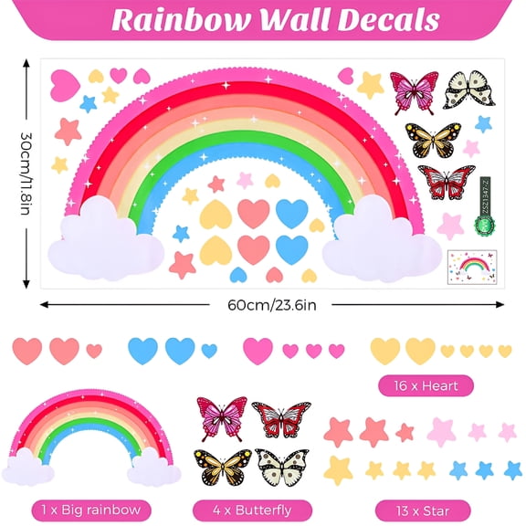 LAMIRO Rainbow Wall Decals Removable Star Butterfly Heart Wall Sticker Watercolor Star Rainbow Wall Sticker Vinyl Girls Room Decorations for Nursery Baby Kids Girl Teen Bedroom Rainbow Wall Decals
