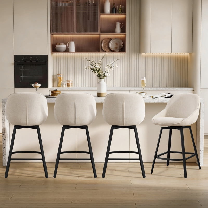 Spruce & Spring Modern Upholstered Bar Stool with Back, Metal Frame Counter Height Stool with Footrest for Kitchen Island Dining, Boucle Fabric, Set of 2, Sand