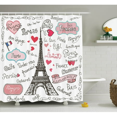 Heart Bathroom Accessories Eiffel Tower Decor Shower Curtain Set, Paris Symbols Lettering Heart Shapes Flag Ornamental Sketchy Doodle Decorative, Bathroom Accessories, 69W X 70L Inches, By Ambesonne ()