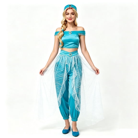 Women's Princess Cosplay Jumpsuit Belly Dance Romper with Headwear Halloween Costume