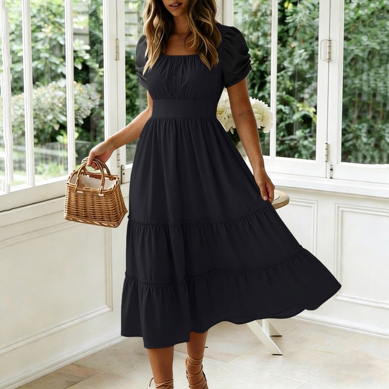 ladies tiered dresses Stamzod Midi for Women Summer Casual Crewneck Short Sleeve Dress Women Flowy Beach Vacation Ruffle Dress Black L, Women's, Size: Large Wedding event dresses Casual Tiered Dress | Rainbow