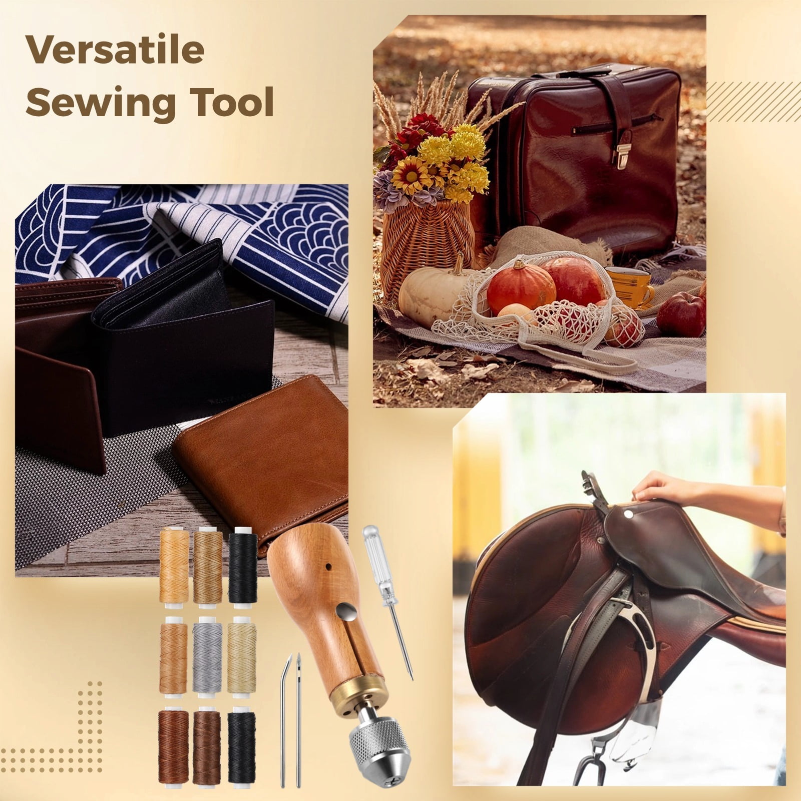 Leather Sewing Awl Thread Kit, 13 PCS Portable Sewing Awl Kit, Wood Handle Stitching Awl, Manual Sewing Awl with Needles & Waxed Thread, Hand Stitcher Repair Tool for Leather, Heavy Fabrics, Canvas