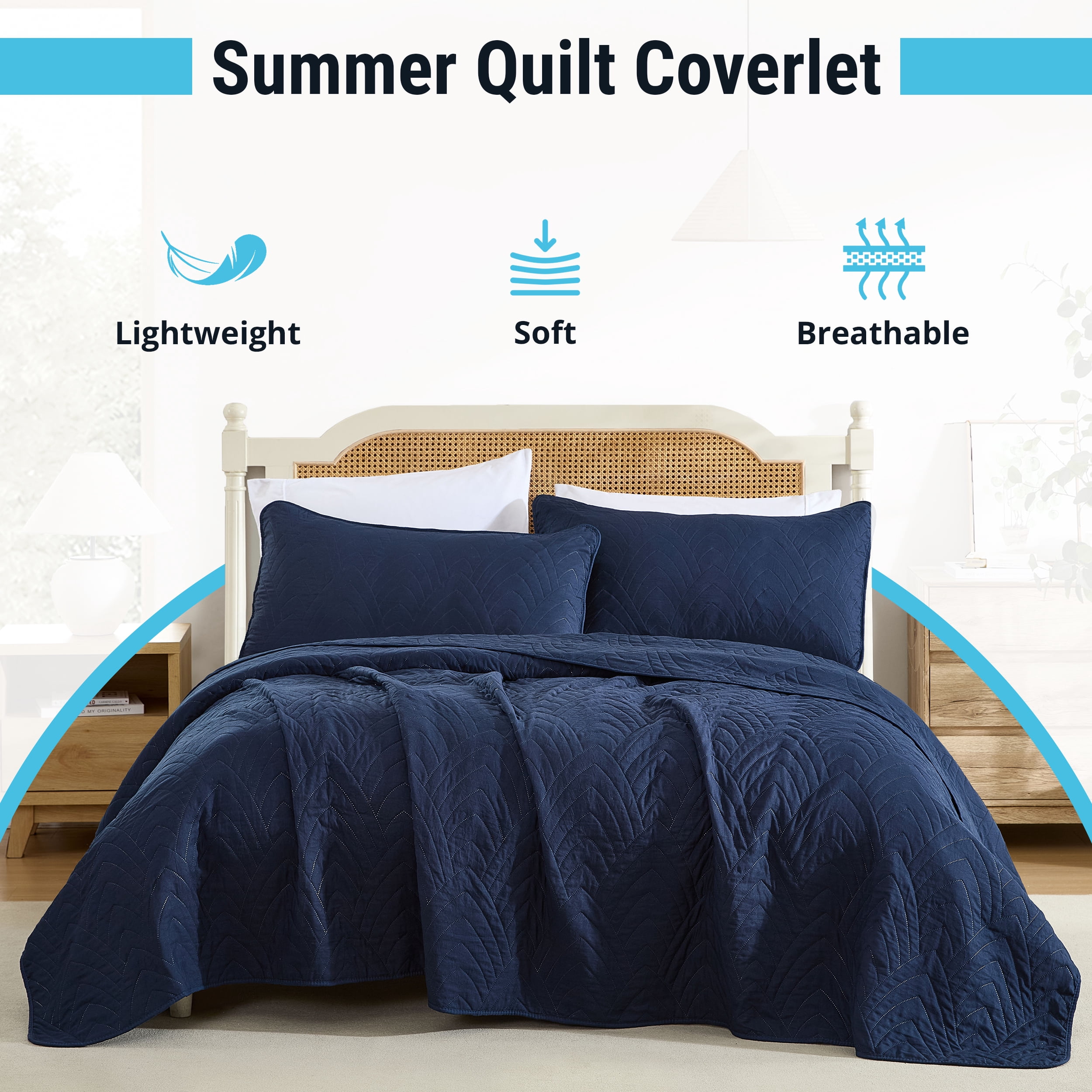 THD Winston - 3 Piece Full Queen Size Quilt Set, Lightweight Queen Bedspread Coverlet Set (Full/Queen, Navy Blue)