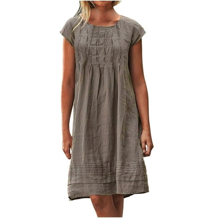 

Women s Cotton Linen Dress Plus Size Loose Fit Swing Fall T-Shirt Dress Casual Short Sleeve Round Neck Solid Color Pleat Midi Length Down Shift Dresses