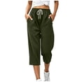 thumbnail image 2 of Bloomae Waffle Knit Capri Pants for Women Lightweight Casual Drawstring Elastic High Waist Comfy Lounge Cropped Trousers Loose Straight Leg Jogger Capris with Pockets, 2 of 9