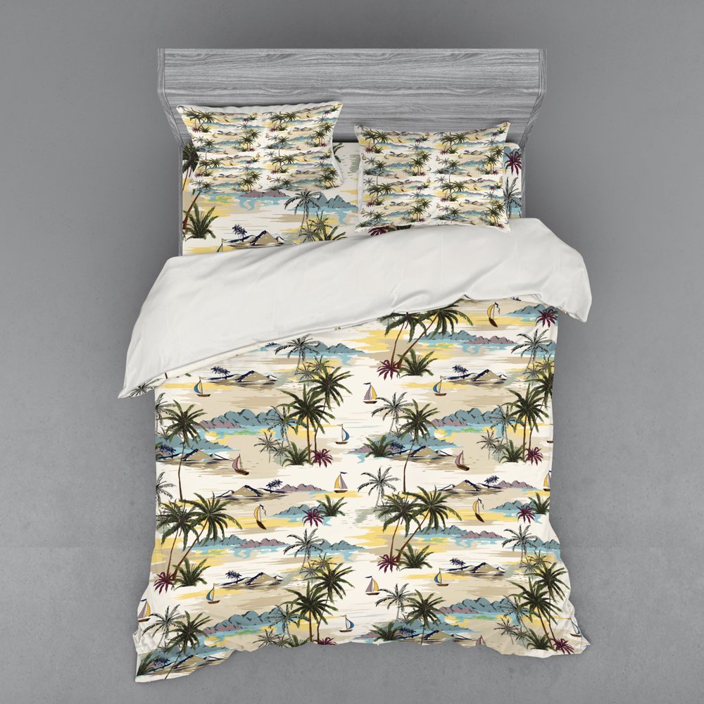 Tropical Duvet Cover Set, Hand Drawn Pastel Hawaiian Scene with Palms Island Beach Ocean