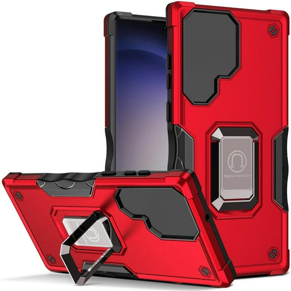 TJS for Samsung Galaxy S24 Plus Phone Case, [Military Grade] Heavy Duty Magnetic Support Ring Kickstand Cover (Red)