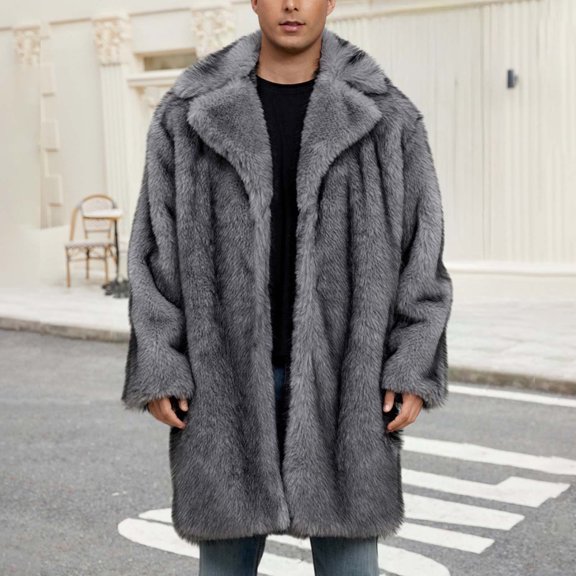 Kalauyu Men's Faux Fur Coat Winter Long Faux Coat Fluffy Thick Trench Coat for Men