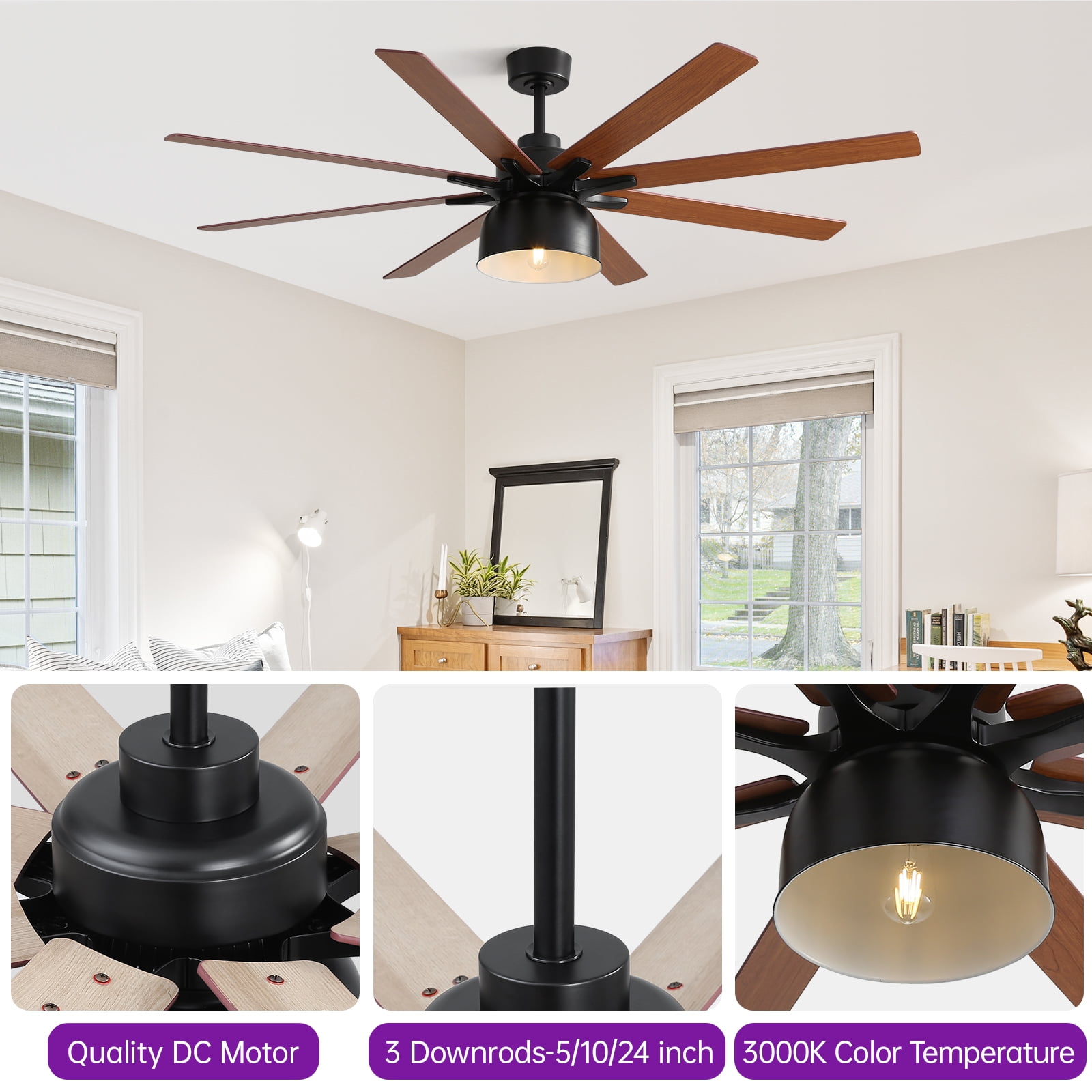 Sofucor 52 Inch Low Profile Ceiling Fan with Light Bulb Replaceable and Remote Control, 8 Blade Ceiling Fan with 3 Downrod, Max Airflow 7000CFM