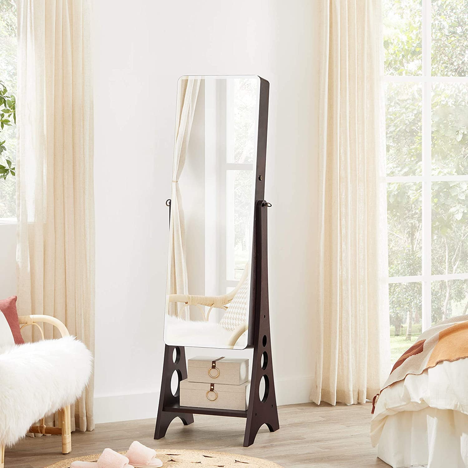 Hives and Honey Aria Jewelry Storage Full Length Mirror - Stylish, Functional & Space-Saving Organizer, Walnut