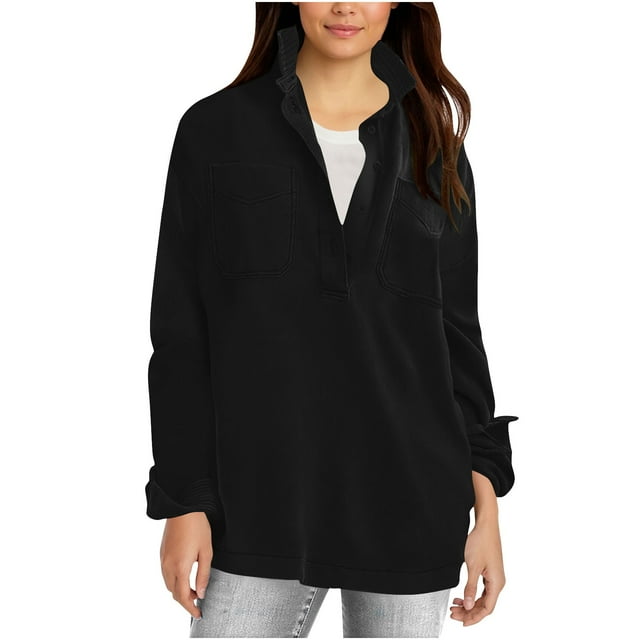 Womens Fall Winter Pullover Sweater Blouses Relaxed Fit Long Sleeve Shirts Tops Quarter Button Stand Collar Tops Spring Outfits 2025 Pullover Spring Fall Clothing