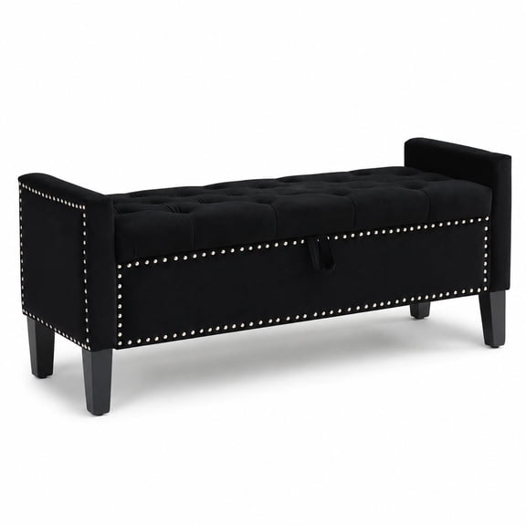 Velvet Tufted Storage Ottoman Bench, Upholstered Footstool with Wooden Legs and Metal Rivets for Bedroom Living Room, Black