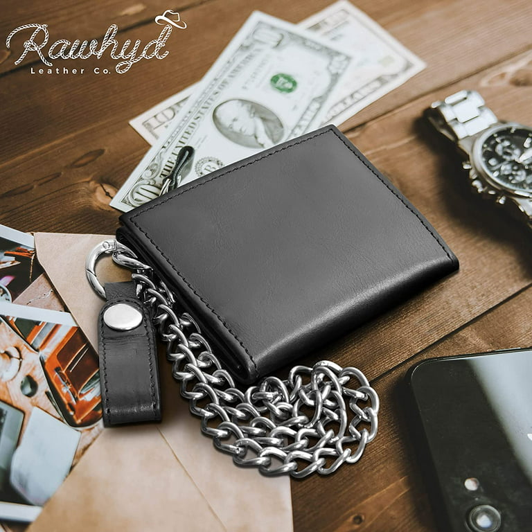 RAWHYD Full Grain Leather Trifold Chain Wallets for Men with Snap Closure,  100% Genuine Leather Mens Wallet, Biker Wallet, Black