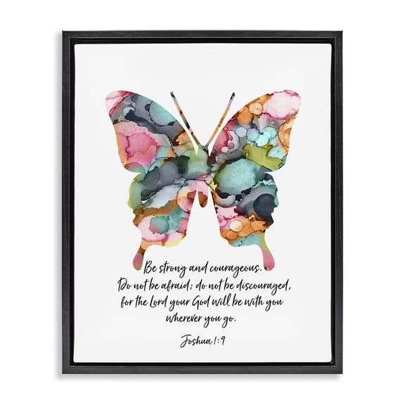 Stupell Industries Be Strong Joshua 1:9 Butterfly Spiritual Painting Black Floater Framed Canvas Art Print Wall Art, 17 x 21