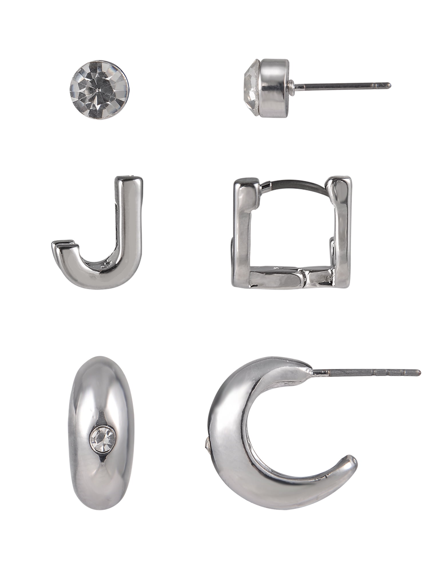 Time and Tru Silvertone 3-On Crystal Stud, Hoop, Initial "J" Earring Set