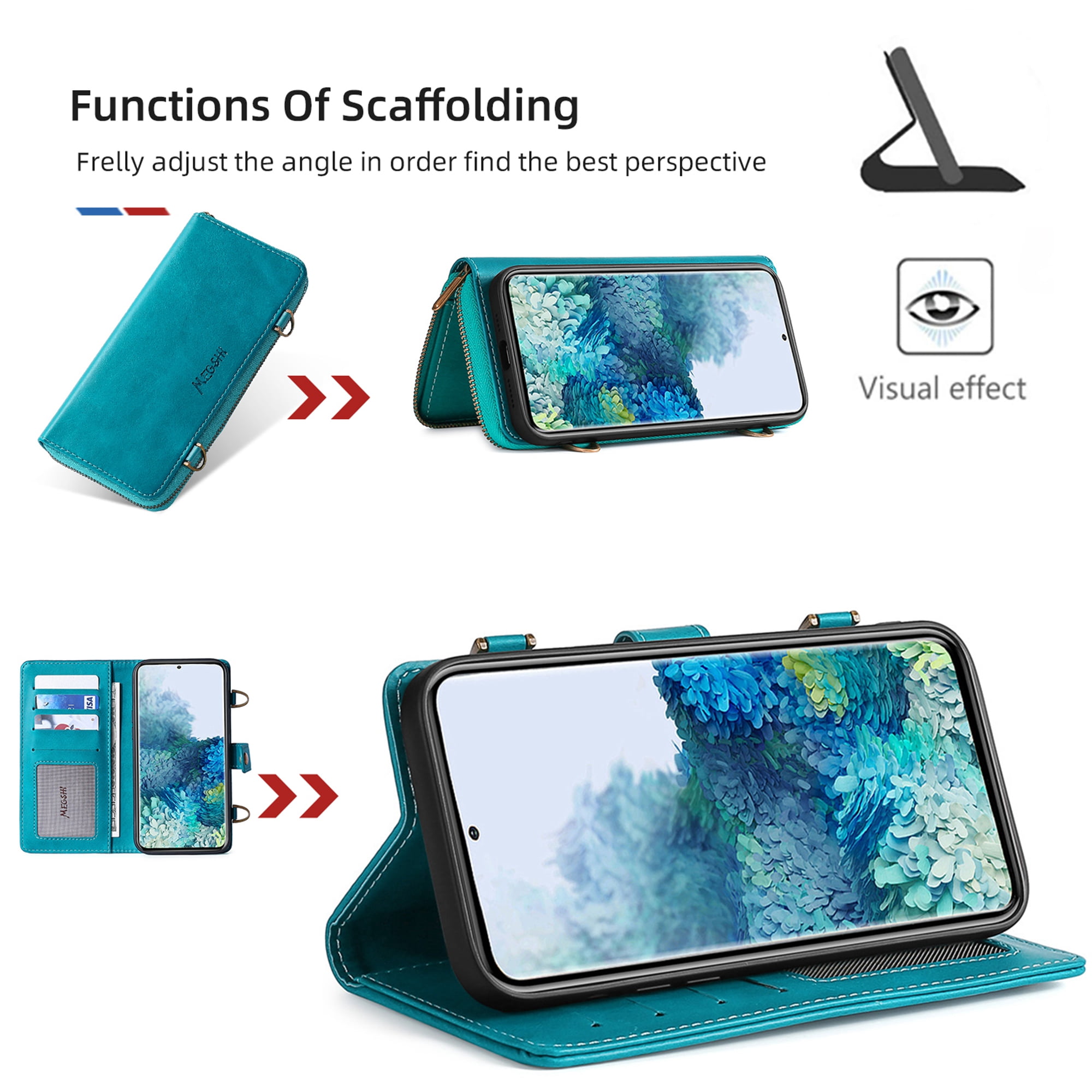 Samsung Galaxy S20 FE 5G Wallet Case, Dteck 2 in 1 Magnetic Detachable Wallet Purse [Crossbody Chain] Durable PU Leather Zipper Handbag Folio Flip Card Slot Protection Back Cover, Blue