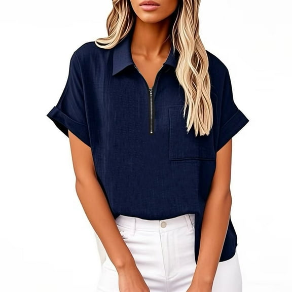 Save Bamboo Linen Shirts for Women Pullover Sweater Blouses Collared Short Sleeve Tops Zipper T-Shirts Pure Basic Tunic Tops Causal Retro Blouses Relaxed Fit T Shirts Dressy Work Clothes With Pockets
