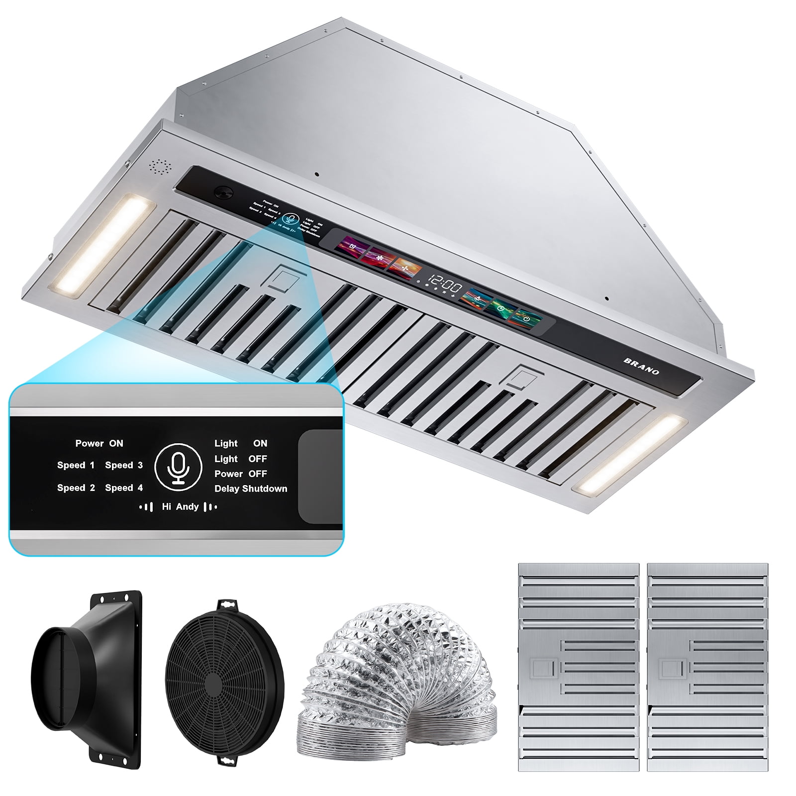 BRANO 36 Inch Stainless Steel Range Hood Insert,900 CFM Smart Voice/Gesture/Touch Control,with 4 Speed Exhaust Fan