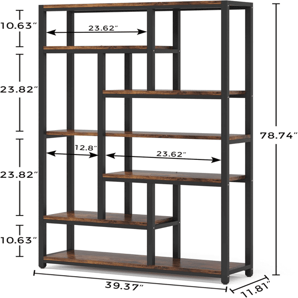 10-Shelf Industrial Open Bookshelf, Staggered Design, 30lbs/Shelf Capacity, Wall Anchors & Adjustable Feet, Tall Etagere for Home/Office