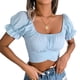thumbnail image 1 of Blusa de gasa tipo corto Cinturón con lazo Espalda Manga abullonada Camiseta de gasa plisada para citas Lady Azul S, 1 of 6