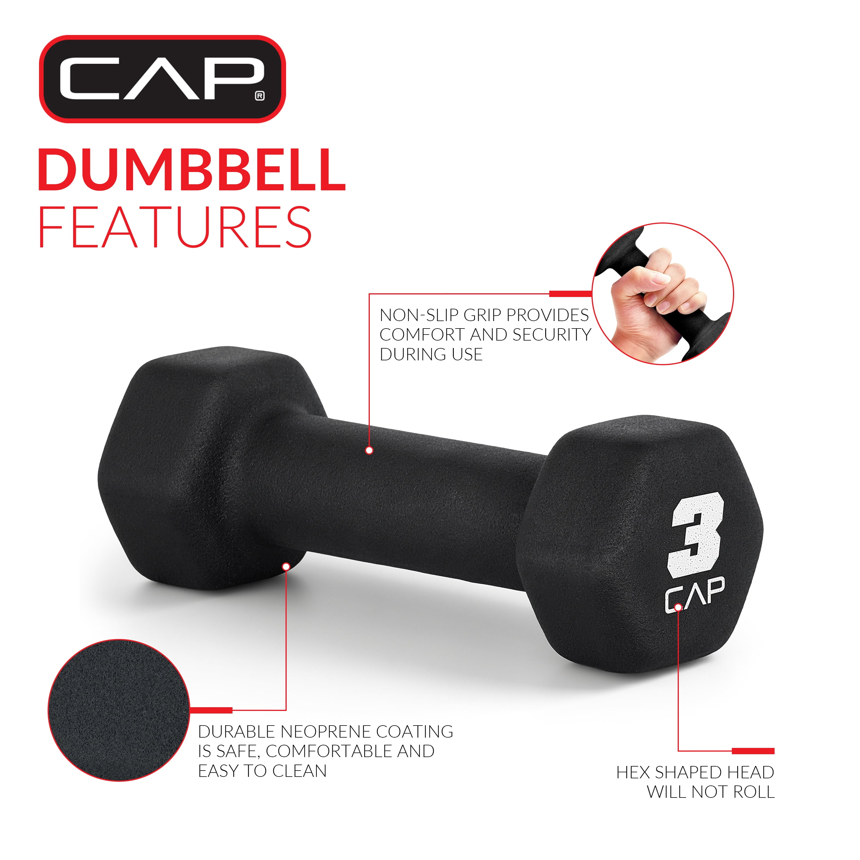 CAP, 3lb Neoprene Dumbbell, Black, Single