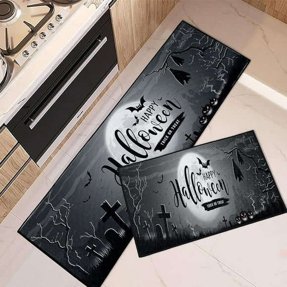 Tapis de Cuisine Gris Antidérapants Lavables Ensemble de 2, Tapis de Cuisine Joyeux Halloween Château de Lune Arbres pour Sol, Vacances d'Octobre Tapis de Couloir de Cuisine sous Évier