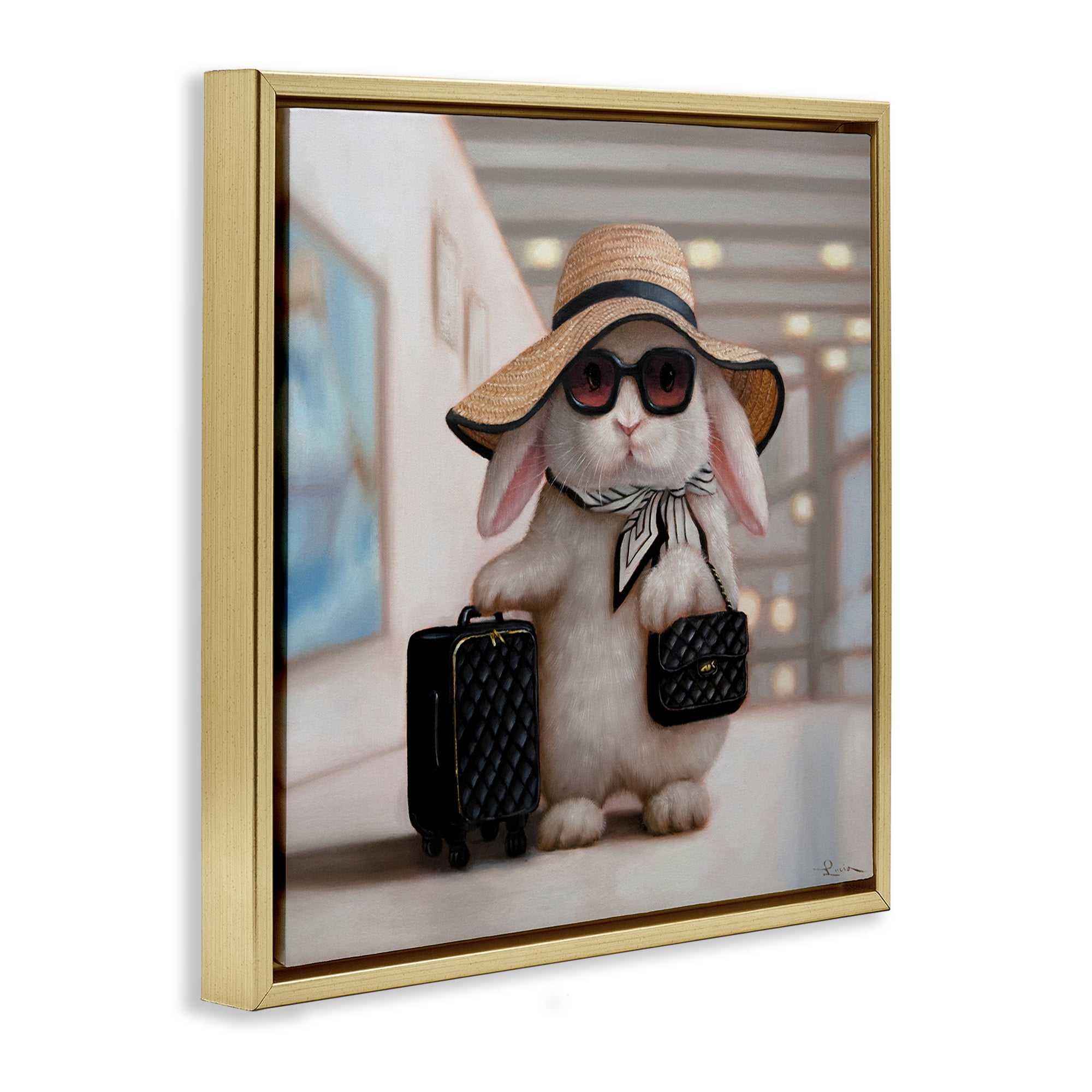 Stupell Industries Bun Voyage Traveling Rabbit Gold Framed Floater Canvas Wall Art, design by Lucia Heffernan