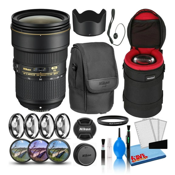 Nikon AF-S NIKKOR 24-70mm F/2.8E ED VR Zoom Lens (20052) Intl with Padded Lens Case   Macro Filter Kit   UV, CPL, FL Lens Filters   Lens Cap Keeper   Cleaning Kit   More