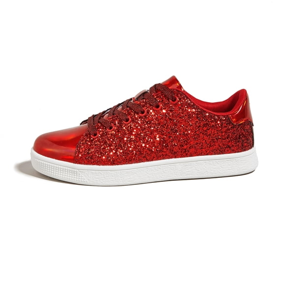 LUCKY STEP Womens Glitter Sneakers Sparkly Low Top Lace-Up Casual Shoes,Red